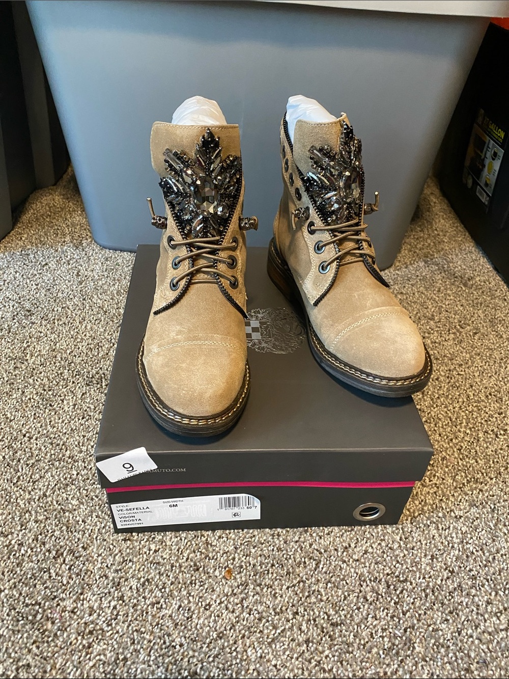 Vince Camuto Tan Suede Combat Boots with Crystal Appliqué